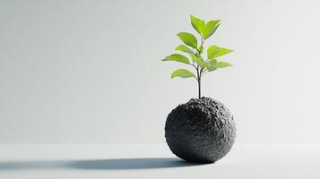 A lone green plant emerges from a textured surface, symbolizing growth, resilience, and the beauty of nature's ability to thrive in unique environments under minimal conditions. photo