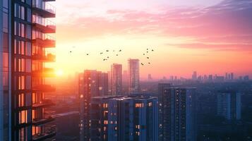A vibrant urban sunset scene where buildings silhouette against a colorful sky, representing the energy and beauty of city life during twilight. photo