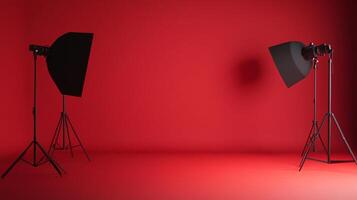 An elegant setup for a professional photography studio, showcasing softboxes and lighting equipment against a vibrant red backdrop, ready to capture stunning images. photo