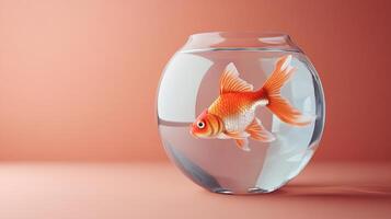 A colorful goldfish swimming in a clear glass bowl, beautifully illuminated against a soft background, capturing the essence of tranquility and life within water. photo