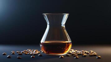 An elegant glass carafe filled with freshly brewed coffee, surrounded by coffee beans, emphasizing a warm and inviting atmosphere for coffee lovers. photo
