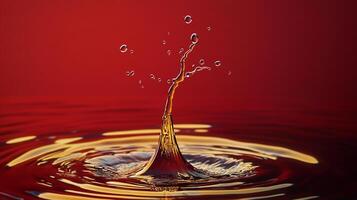 A stunning visual of water creating a graceful splash against a vibrant red background, capturing the beauty and elegance of fluid motion in nature. photo