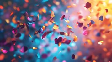 An artistic representation of colorful petals suspended in the air, creating a dreamy atmosphere representing beauty, fragility, and the wonders of nature. photo