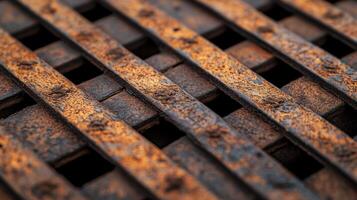 This close-up shows a rusty metal grate, showcasing its intricate textures and patterns created by corrosion and wear over time, eliciting a sense of nostalgia. photo
