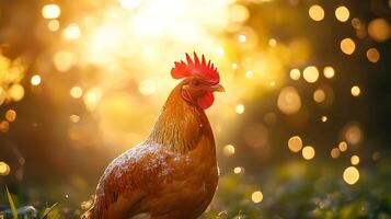 A vibrant rooster stands proudly against a backdrop of glowing sunlight and bokeh effects, creating a captivating scene that embodies nature's beauty and warmth. photo