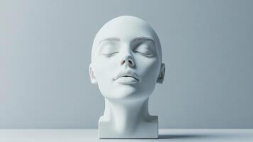 A minimalist white sculpture resembling a serene face, showcasing a peaceful expression that evokes tranquility and introspection through abstract simplicity. photo