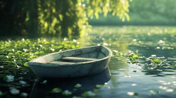 An inviting scene of an old rustic boat resting quietly among the lush greenery and floating lily pads, creating a serene atmosphere in a natural setting. photo