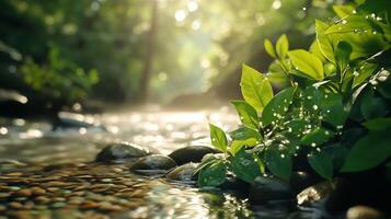 An enchanting scene featuring vibrant green leaves beside a gently flowing stream, with smooth pebbles adding a serene touch to this peaceful natural setting. photo