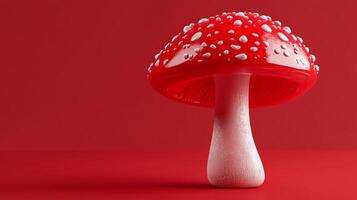 A striking representation of a red mushroom with white spots against a bright red backdrop, evoking whimsical and playful themes in contemporary art and design. photo