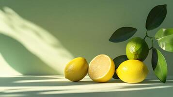 A vibrant display of lemons and a lime on a soft green background, showcasing their natural beauty and refreshing appeal for culinary and beverage contexts. photo