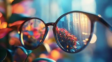 Stylish sunglasses reflecting a tropical cityscape surrounded by vibrant leaves, capturing the essence of urban living melded with nature's colorful charm and beauty. photo