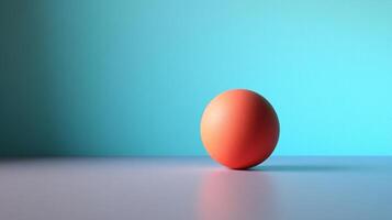 A singular orange sphere rests on a smooth surface, set against a vibrant turquoise background, emphasizing simplicity, color contrast, and minimalistic design. photo
