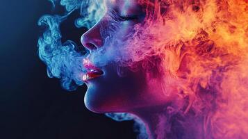 An artistic representation of a woman's profile with colorful smoke enveloping her, highlighting mystery, emotion, and the interplay of modern beauty and surrealism. photo