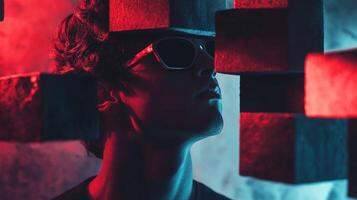 A mysterious figure is shrouded in shadows and geometric shapes, creating a captivating visual experience that reflects modern art and introspection. photo
