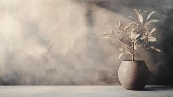 A simple yet elegant vase holds dried leaves against a textured background, exuding a sense of warmth and nostalgia while emphasizing minimalism and artistic style. photo