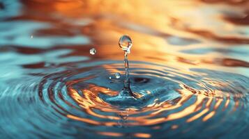 A single water droplet creates mesmerizing ripples on a shimmering surface, symbolizing the beauty of simplicity and the artistry of nature in motion. photo