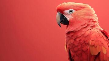 A vivid close-up of a bright red parrot perched against a bold backdrop, displaying its exquisite feathers and facial features, ideal for wildlife and avian enthusiasts. photo