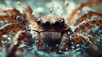 A striking close-up of a spider submerged in water, displaying its intricate details and multiple eyes amidst shimmering water droplets, evoking curiosity and wonder. photo