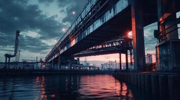 An industrial landscape features an imposing bridge reflected in calm waters at dusk, illuminated by soft lights, blending modernity with nature's quiet beauty. photo