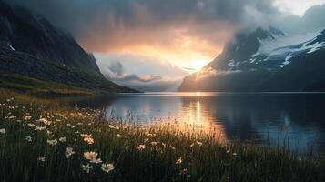 A breathtaking view of majestic mountains mirrored in a tranquil lake during sunset, creating a serene and awe-inspiring natural landscape filled with vibrant colors. photo