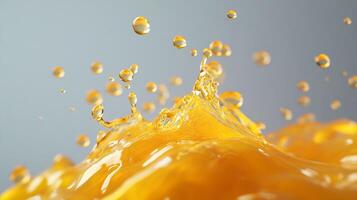 This close-up image depicts a stunning splash of golden liquid, accented with droplets, showcasing the beauty of fluid dynamics in an artistic and captivating manner. photo