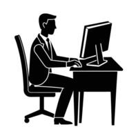 Professional at desktop computer engaged in data processing for strategic insights vector