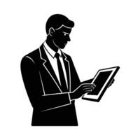 Business professional operating touchscreen device silhouette for dynamic interactive presentations vector