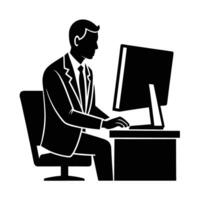 Businessperson working on desktop computer for analytical tasks and research vector