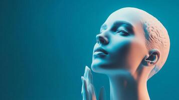 A captivating image of a serene, bald human face with a brain-like texture, evoking feelings of introspection and calmness against a blue background. photo