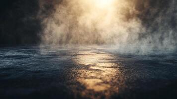 A captivating scene of thick fog rising from a dark surface, creating an enigmatic atmosphere that resonates with mystery, stillness, and introspection. photo