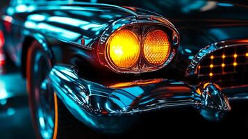 A striking close-up of a classic car's headlight, showcasing its vintage design with vibrant orange light, reflecting luxury and a nostalgic charm. photo