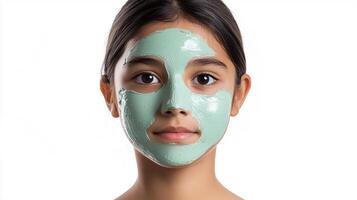 Young girl enjoying spa day with a pastel green facial mask on a white background. She is looking directly at the camera smiling. photo