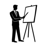 Businessperson writing on flip chart during strategy meeting for key insights vector