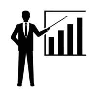 Corporate presenter pointing at bar chart for performance insights and metrics vector