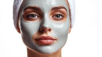Woman's face covered in facial mask. She is wearing a towel on her head, eyes are opened looking straight. Isolated on white background. photo