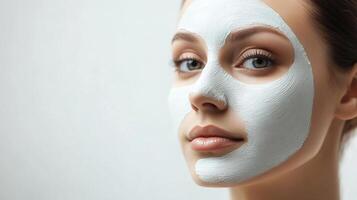 Close-up of a woman's face partially covered in a smooth, white facial mask, highlighting skincare routine and pampering. photo