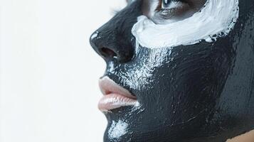 Close-up of a person's face covered in a dark facial mask with a patch of white cream under the eye, set against a plain background. photo