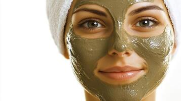 Woman with a green mud mask and a white towel on her head, skin care treatment for healthy skin. Beauty and wellness concept. photo