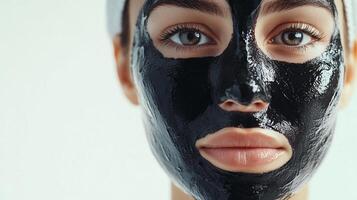 Woman's face covered in dark facial mask, eyes open, neutral expression on a plain background, self-care routine for healthy skin. photo