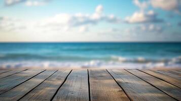 Serene view of a wooden deck overlooking the ocean on a beautiful day. The image evokes tranquility and relaxation in nature. photo