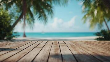 Tropical paradise view featuring a wooden deck overlooking the ocean, framed by lush palm trees under a bright, sunny sky. photo