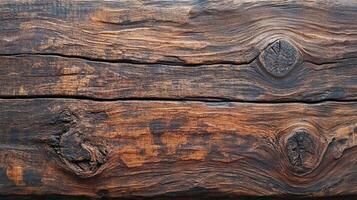 Rustic wooden panel, grain patterns and knots add visual texture, a natural element with deep browns, rich detail, and organic appeal. photo