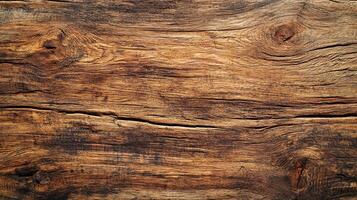 A close-up photograph shows a weathered wood surface with knots, cracks, and varying dark and light brown tones, highlighting its natural texture. photo