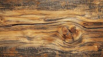 Wooden plank with a knot. A detailed close up shows the wood grain texture, with dark accents. The wood has a warm golden brown tone. photo
