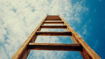 Ladder reaching towards the sky, symbolizing aspiration and upward journey with clouds and clear blue sky background. photo