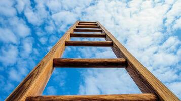 Ladder against a bright blue sky speckled with white clouds, symbolizing aspiration, growth, and a journey towards elevated goals. photo