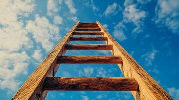 Ladder reaching to a vibrant sky, symbolizing aspiration and potential. A simple wooden ladder against a backdrop of clouds and blue. photo