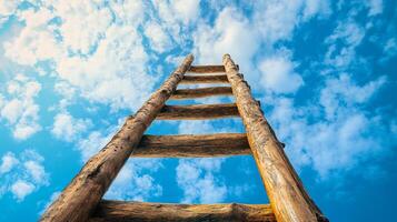 Ladder reaching into a blue sky filled with clouds. Climbing towards goals and dreams, symbolizing opportunity, success, and growth. photo