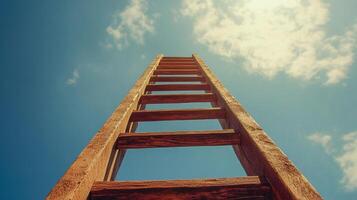 Wooden ladder extending toward a bright blue sky with scattered white clouds, symbolizing aspiration, progress, and upward movement. photo