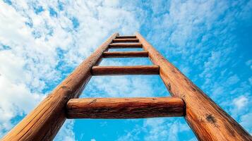 Wooden ladder reaches towards a blue sky, symbolizing aspiration, growth, and the pursuit of goals in a vast and limitless world. photo